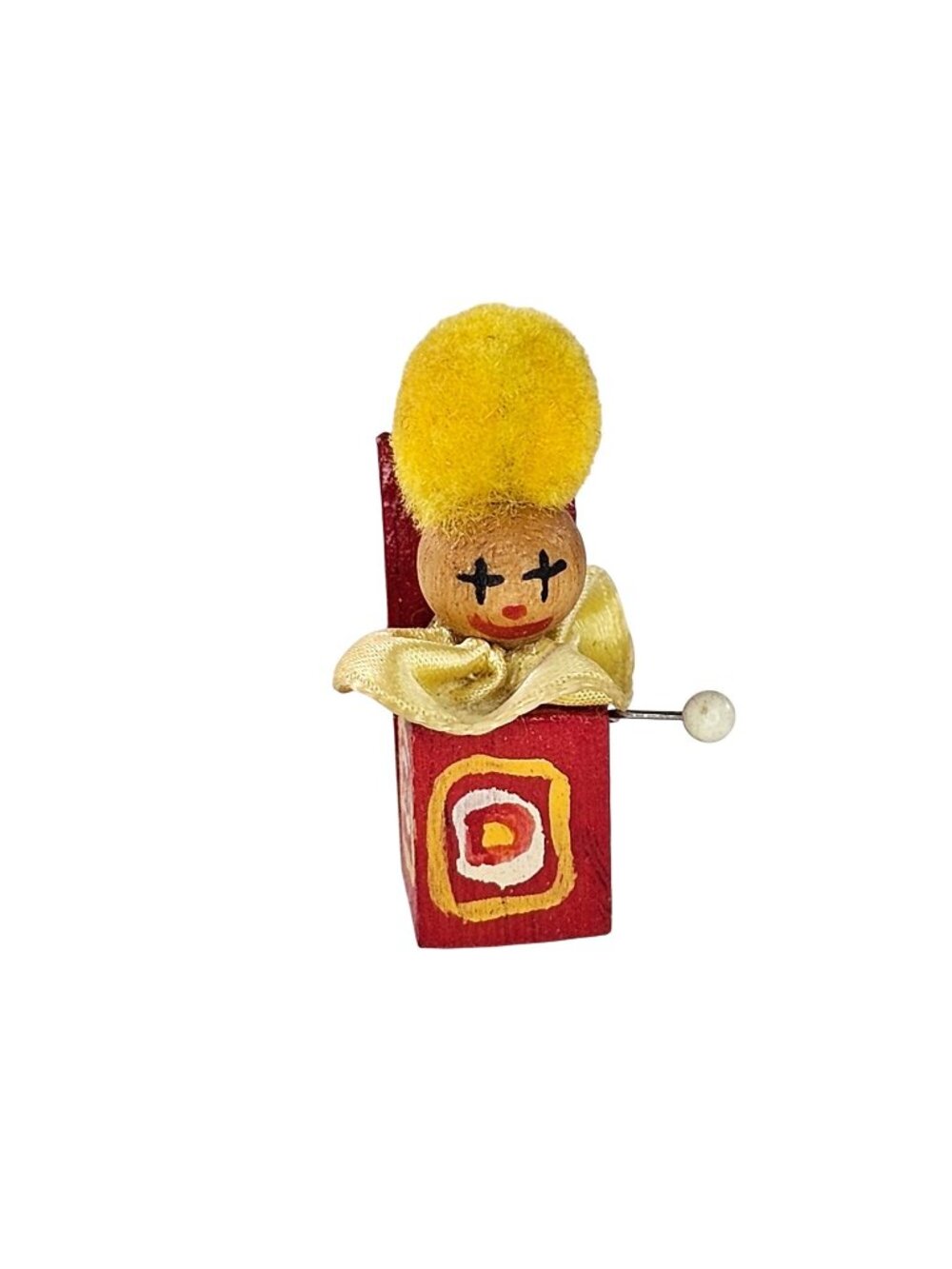 Miniature Jack In The Box Figurine Yellow Pom Pom Hair & Red Painted Wooden Box